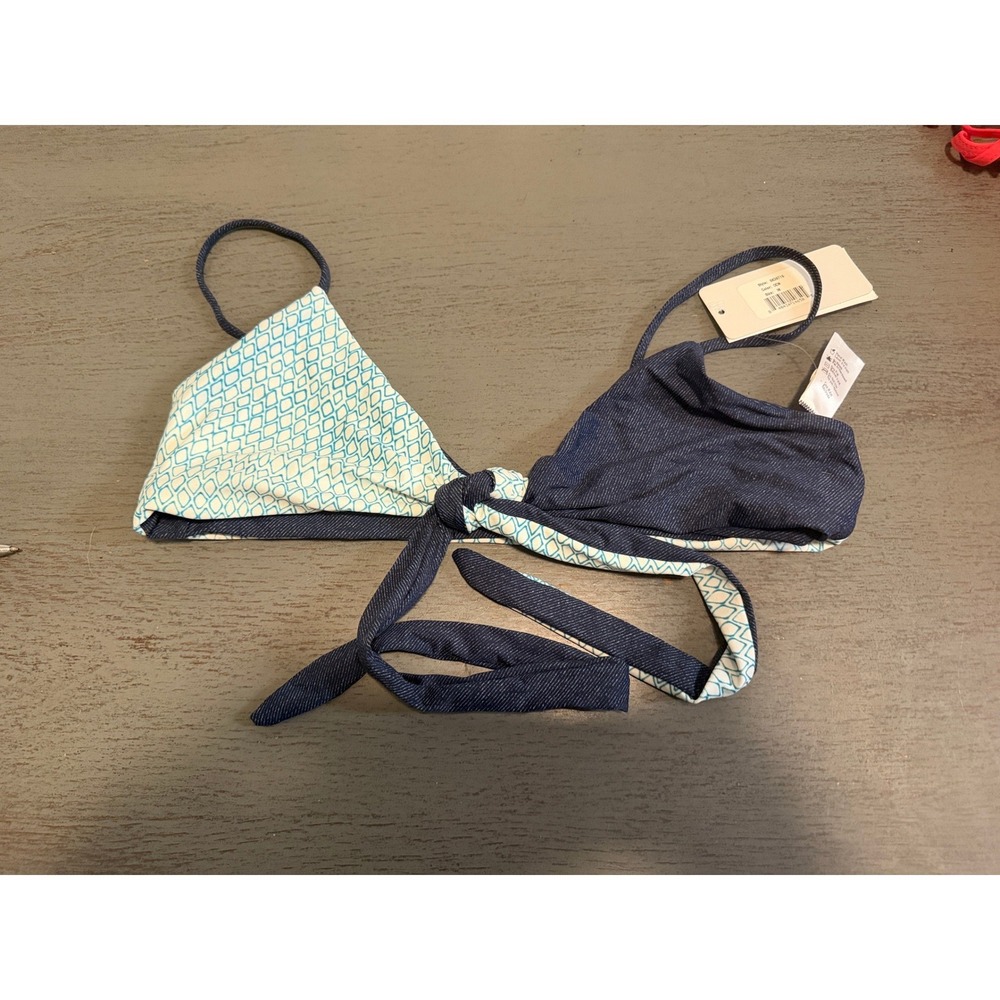 L Space Monica Wise Reversible Wrap Bikini Top Denim Geometric Teal White Medium